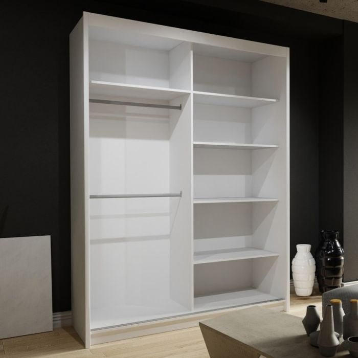 White 2-door sliding wardrobe with internal shelving and hanging rails