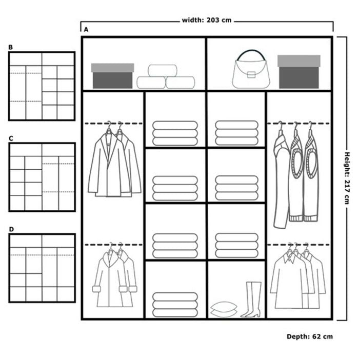 Diagram of Zeus 203cm sliding wardrobe showing width, height, depth and storage compartments.