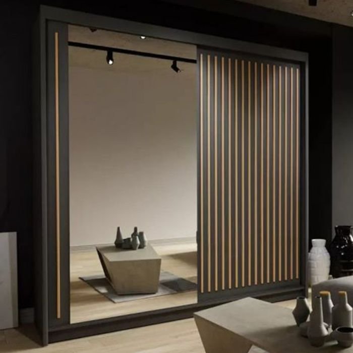ZEUS 2 Door Mirrored Sliding Wardrobe Black 203cm with vertical wooden slats