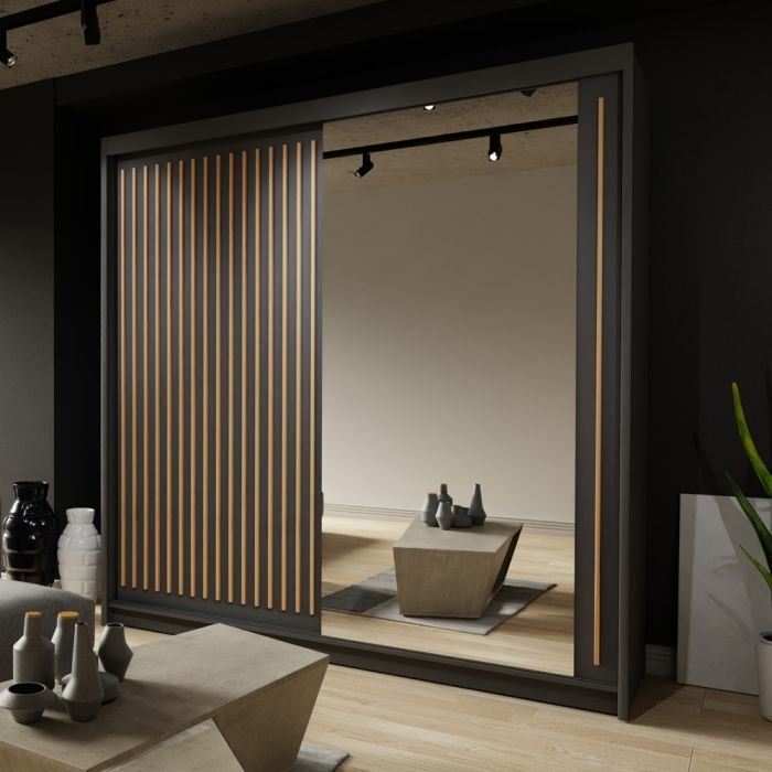 ZEUS 2 Door Mirrored Wardrobe Black 203cm with vertical wood slats on one door