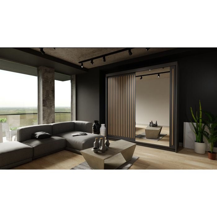 ZEUS 2 Door Black Sliding Wardrobe with Mirrored Doors 203cm