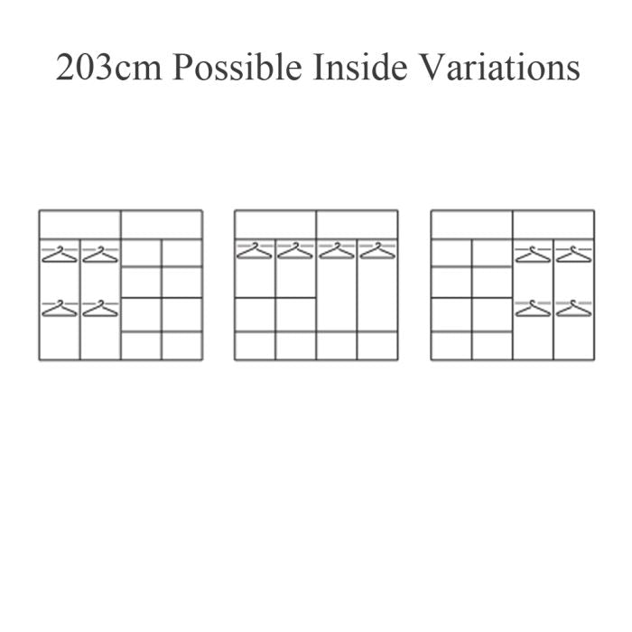 ZEUS 203cm sliding wardrobe internal layout diagram with shelf and hanging space variations.