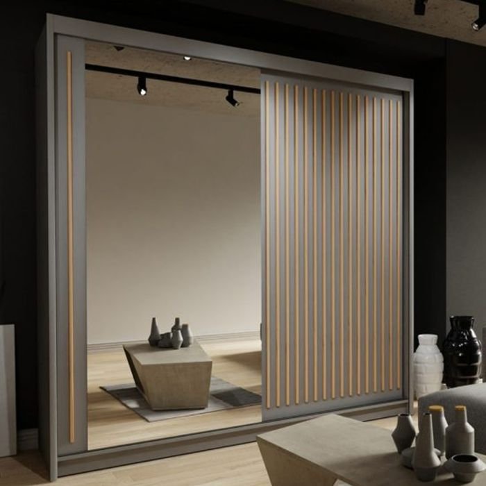 ZEUS 2 Door Mirrored Sliding Wardrobe Grey 203cm with mirrored door panel