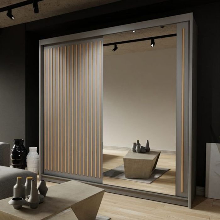 ZEUS 203cm grey sliding wardrobe with mirrored and slatted doors