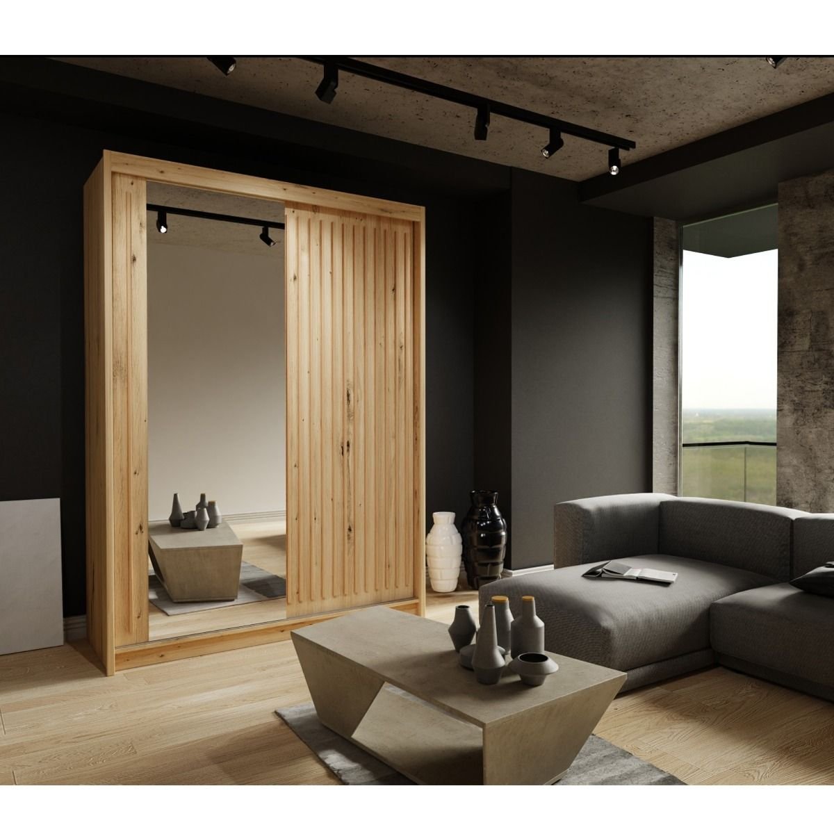 ZEUS 2 Door Mirrored Sliding Wardrobe in Oak finish