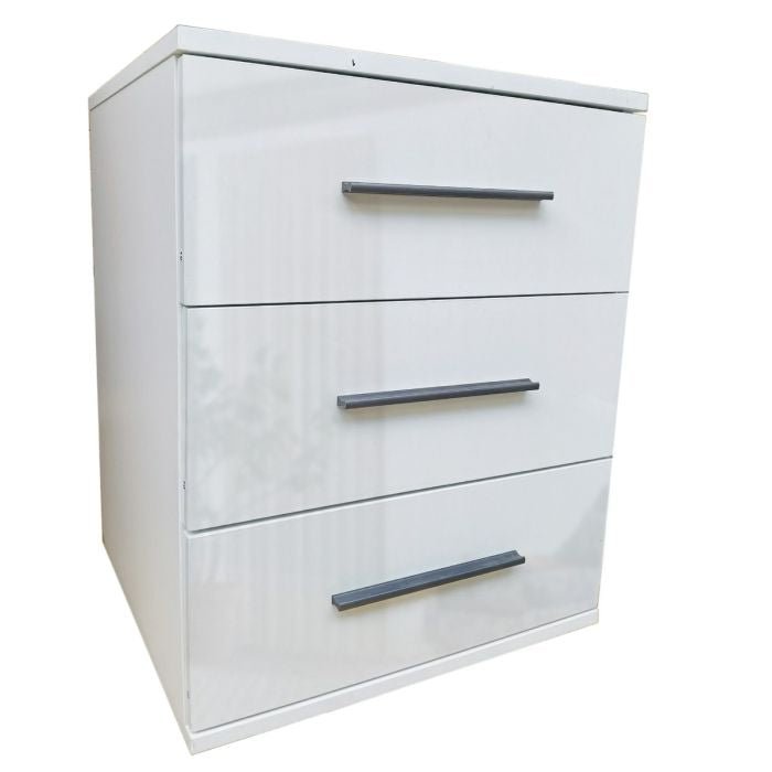 White 3-drawer bedside table with grey metal bar handles