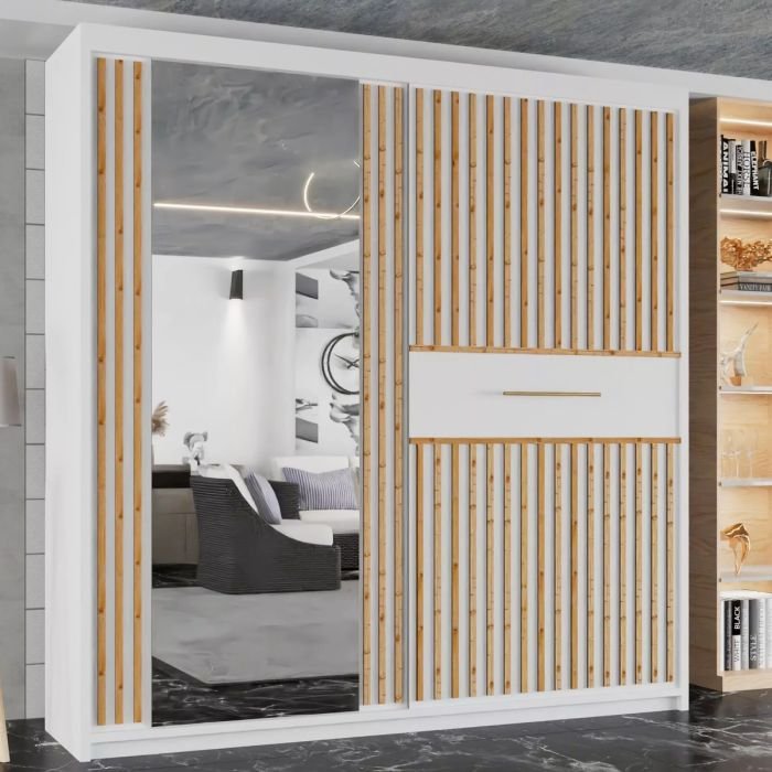 CHOICEWARDROBE Caitlin 203cm white 2-door sliding wardrobe with one mirrored door and one slatted door.