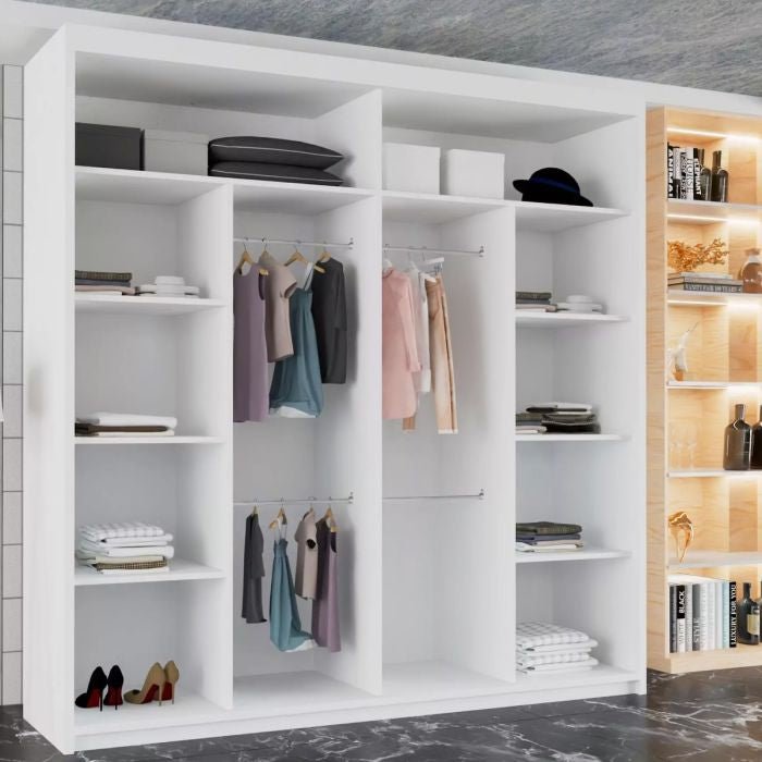 White 2-door sliding wardrobe with full-length mirror and visible internal shelves and hanging rails.