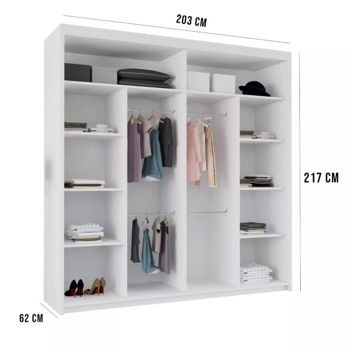 White 2-door sliding wardrobe with full mirrored door. 203x217x62 cm.