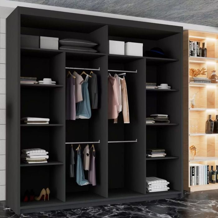 Black two-door sliding wardrobe with mirrored door, showing shelves and hanging rails.