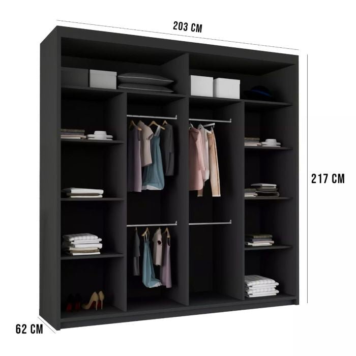Black 2-door sliding wardrobe with mirrored door, 203cm wide