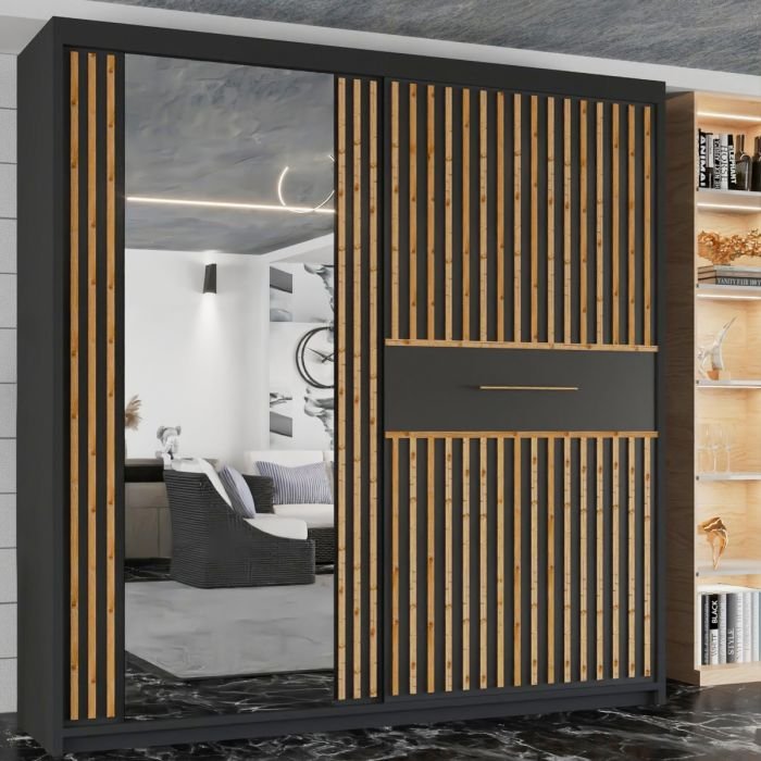 Black 2-door sliding wardrobe with a large mirrored door and vertical walnut slats.