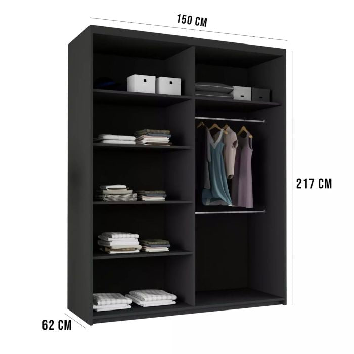 Black CAITLIN 2-door sliding wardrobe, 150cm W x 217cm H x 62cm D, with left shelves and right hanging rail.