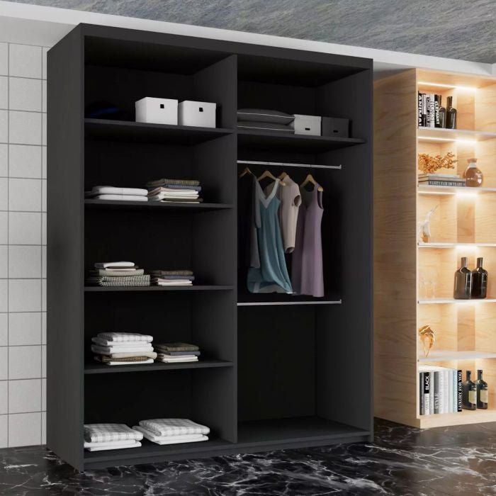 CAITLIN 2 Door Mirrored Sliding Wardrobe in black with open shelves and hanging rails.