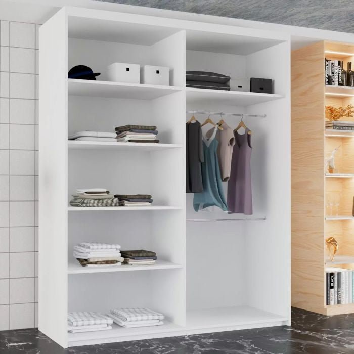 White CAITLIN 2 door sliding wardrobe interior with shelves holding folded clothes, boxes, and a hanging rail.