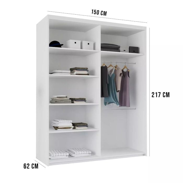 White 150cm CAITLIN 2-door sliding wardrobe with mirrored door and internal shelves/hanging space.