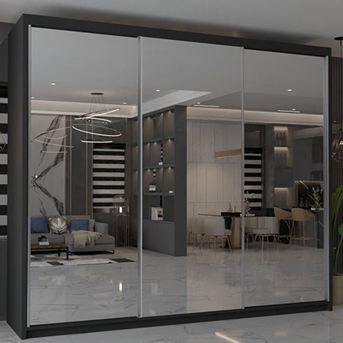 CHOICEWARDROBE Chicago II 250cm black sliding wardrobe with 3 mirrored doors reflecting a modern interior.