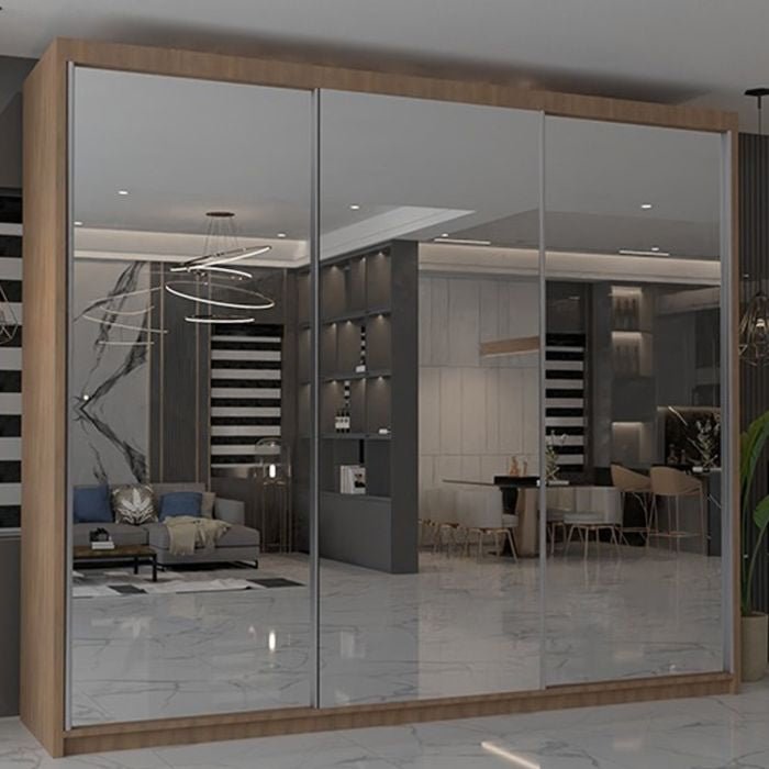 Oak finish 3-door sliding wardrobe with mirrored doors | CHOICEWARDROBE Chicago II
