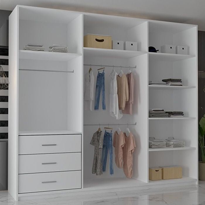 White 3-door sliding wardrobe with visible drawers and shelves