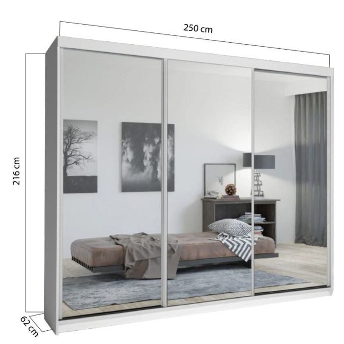 CHOICEWARDROBE Chicago II 250cm white sliding wardrobe with 3 mirrored doors. Dimensions: 250cm W x 216cm H x 62cm D.