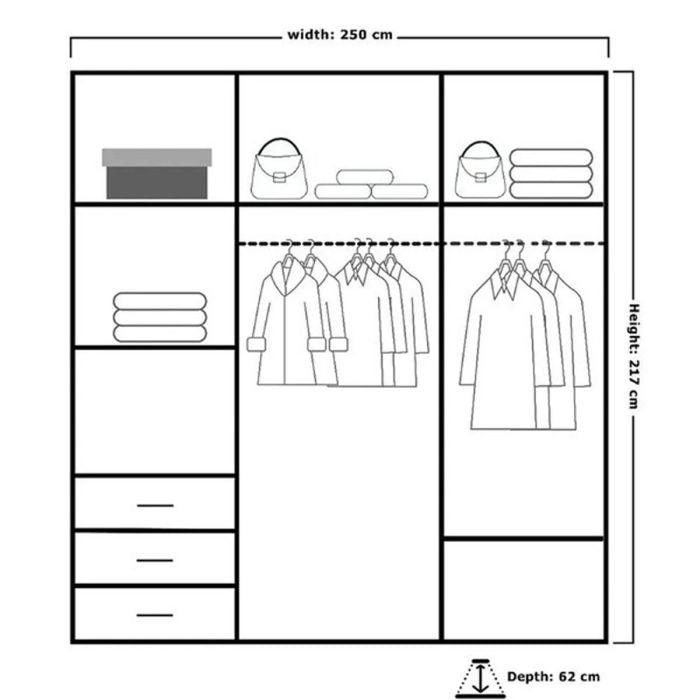 Diagram: CHOICEWARDROBE Chicago II 250cm wardrobe, 3 doors, width 250cm, height 217cm, depth 62cm, showing shelves, drawers, hanging rails.