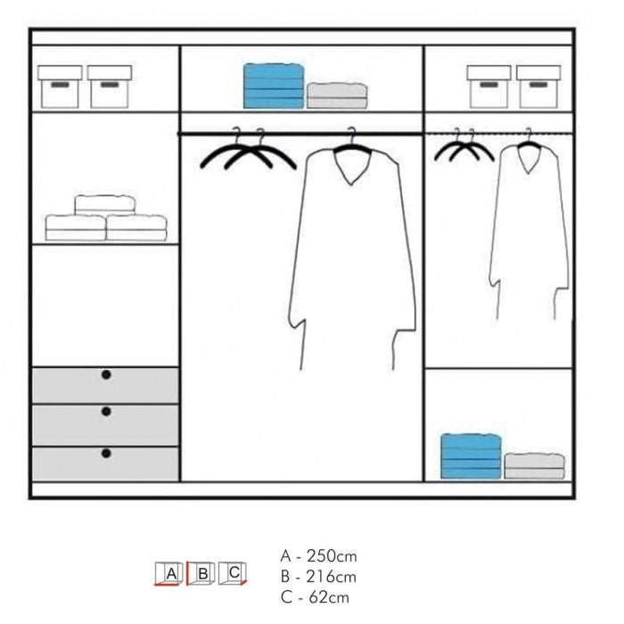 Wardrobe internal layout diagram: 250cm width, 216cm height, 62cm depth, showing shelves, drawers, and hanging rails.