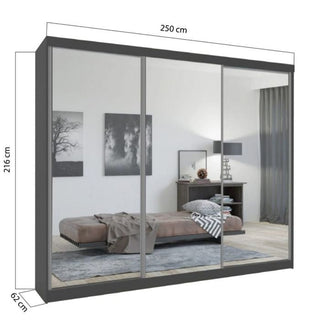 CHOICEWARDROBE Chicago II 250cm Sliding Door Wardrobe – Grey Finish, 3-Door, Mirrored Doors