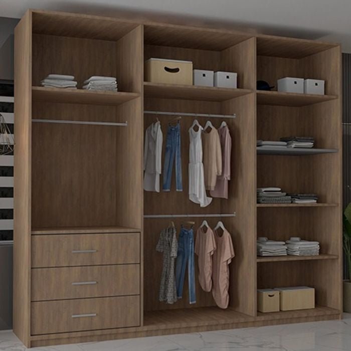 CHOICEWARDROBE Chicago II 250cm 3-door walnut wardrobe with mirrored door centre panel, shelves and hanging rails.