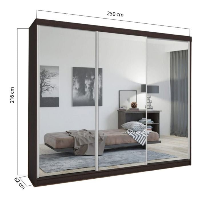 CHOICEWARDROBE Chicago II 250cm walnut brown 3 mirrored door sliding wardrobe (250x62x216cm)
