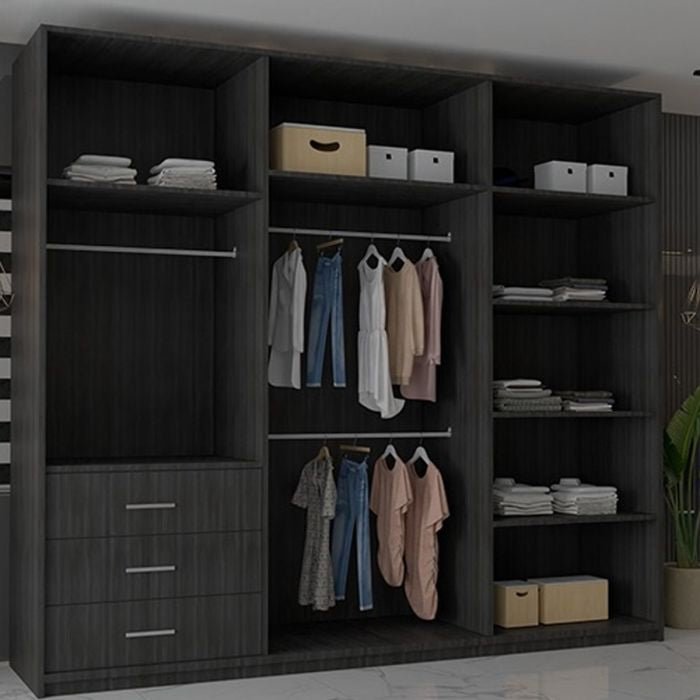 CHOICEWARDROBE Chicago II 250cm wenge sliding door wardrobe with 3 mirrored doors, shelves, drawers and hanging rails.