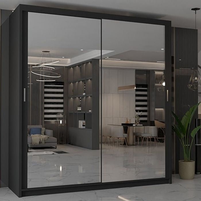 CHICAGO II 203cm black sliding wardrobe with two mirrored doors.
