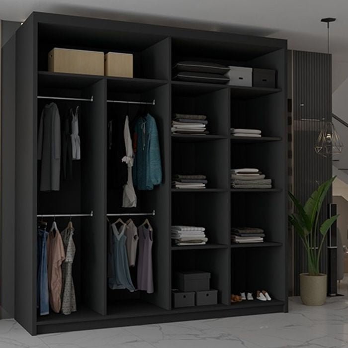 CHICAGO II 2 door black sliding wardrobe with mirrored doors, shelves and hanging rails.
