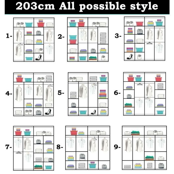 Grid of 9 organisation layouts for 203cm wardrobe with mirrored sliding doors, showing shelves, hanging space & bins