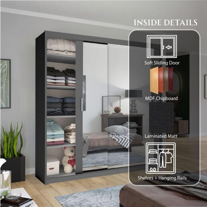 Grey 203cm CHICAGO II wardrobe with two sliding mirrored doors, showing internal shelves and hanging rails.