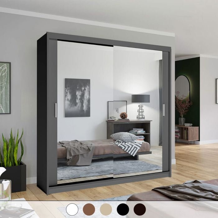 CHOICEWARDROBE CHICAGO II 203cm grey sliding door wardrobe with mirrored doors.