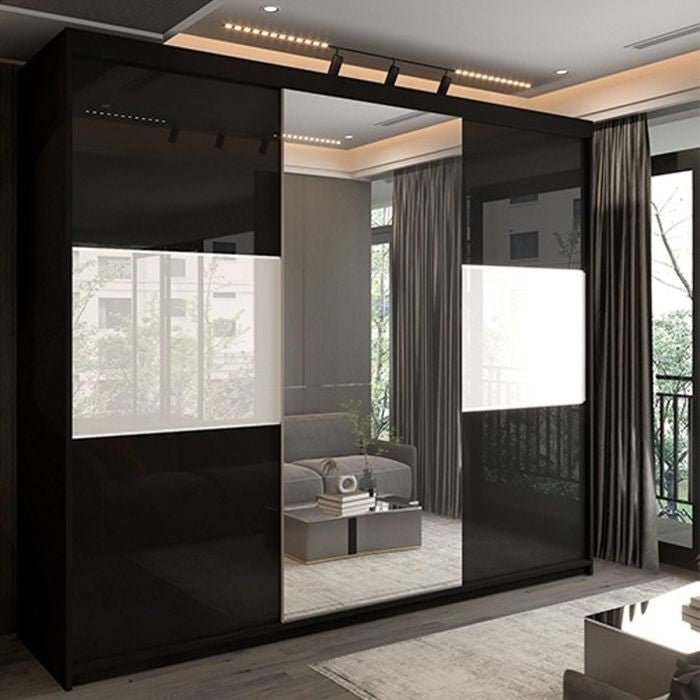 CHOICEWARDROBE Moncler 250cm sliding door wardrobe, high gloss black, 3 doors with mirrored centre door.