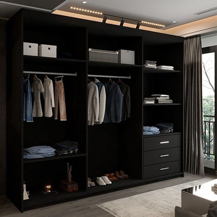 250cm high gloss black sliding door wardrobe with mirrored centre door.