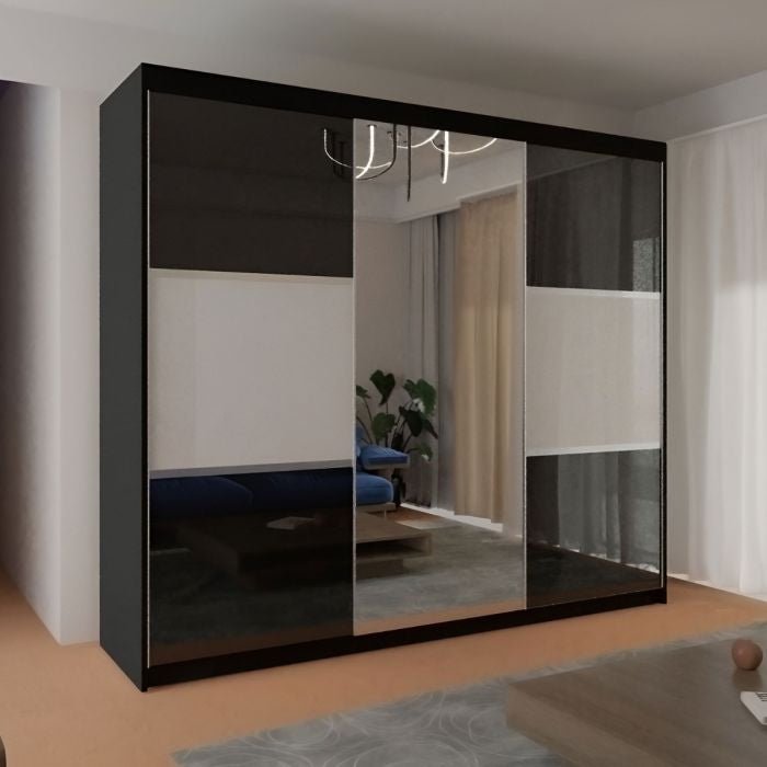 CHOICEWARDROBE Moncler 250cm sliding door wardrobe in high gloss black with a mirrored centre door.