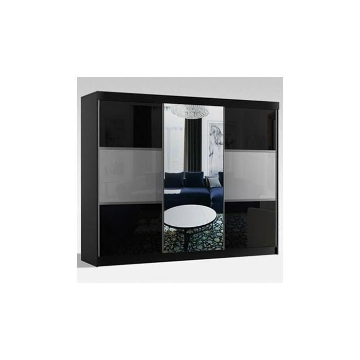 CHOICEWARDROBE 250cm sliding door wardrobe, high gloss black with mirrored centre door.