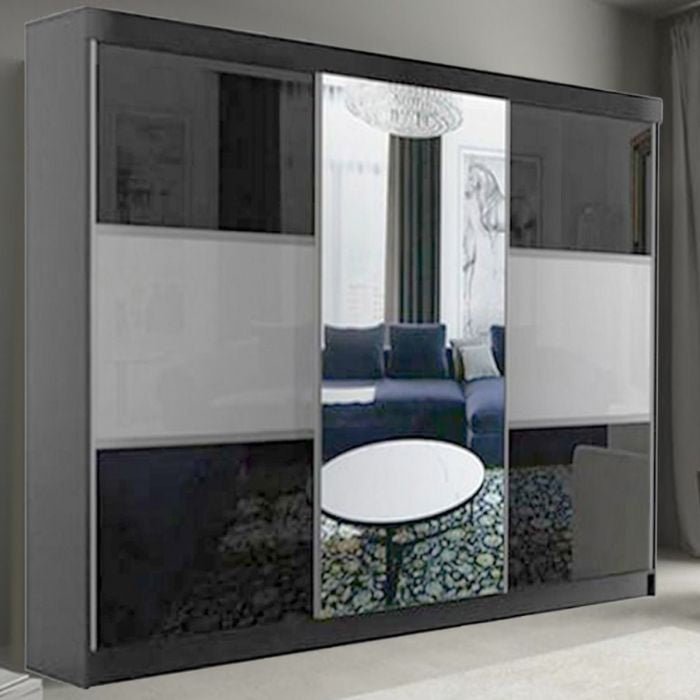 CHOICEWARDROBE Moncler 250cm sliding door wardrobe, high gloss black with mirrored centre door.