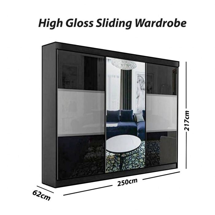 CHOICEWARDROBE Moncler 250cm high gloss black sliding door wardrobe, 3 doors, mirrored centre. 217x250x62cm.