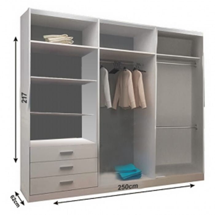 CHOICEWARDROBE Moncler 250cm sliding door wardrobe, high gloss black, 3 doors with mirrored centre. 217cm H x 250cm W.