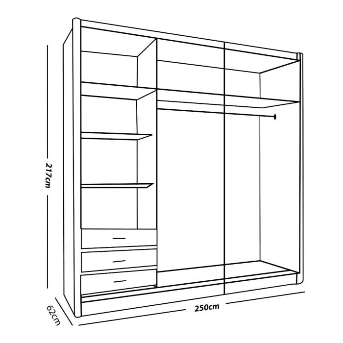 Line drawing of Moncler 250cm sliding door wardrobe, black gloss, mirrored centre, 217cm H x 250cm W x 62cm D