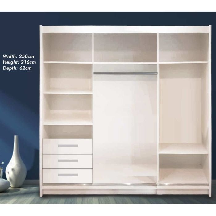 White sliding door wardrobe with open shelves and three drawers, 250cm wide.