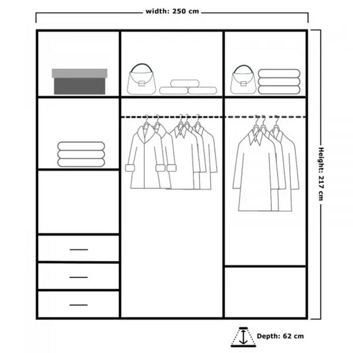 Wardrobe layout diagram: 250cm wide, 217cm high sliding door wardrobe with mirrored centre, shelves, drawers, and hanging space.