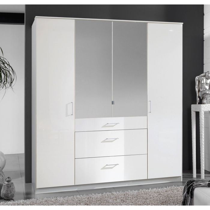 CALLISTO 4 Door Wardrobe White 180cm gloss finish with mirrored centre doors and three drawers