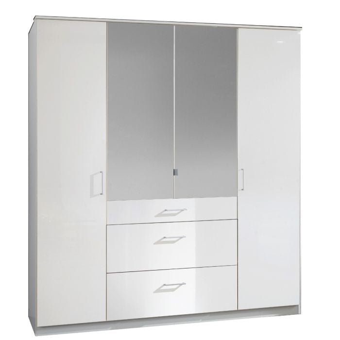 CALLISTO 4 door white gloss wardrobe with two mirrored centre doors and three drawers