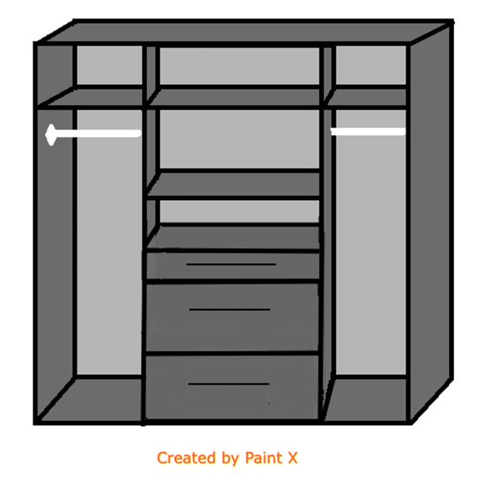 CALLISTO 4 Door Wardrobe White 180cm: drawing with hanging rails, shelves, and three drawers