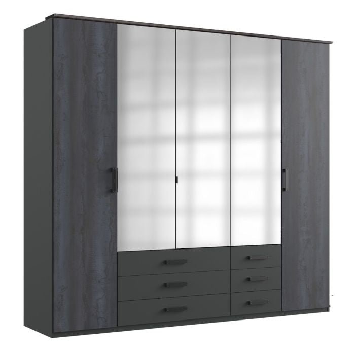 Graphite 5-door wardrobe with mirrored center doors, solid side doors and bottom drawers with black handles.