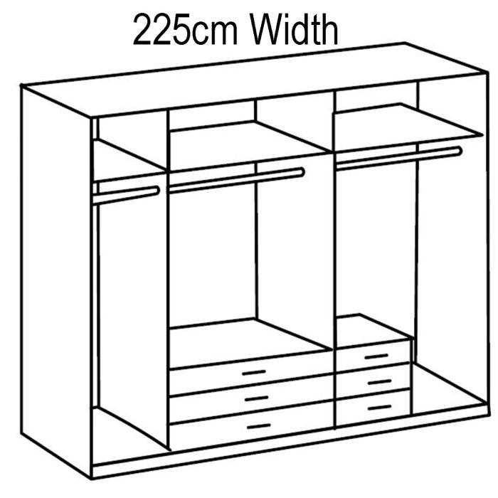 Line drawing of 225cm 5-door BODDEN wardrobe layout with shelves, hanging rails, and drawers.